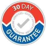 Service guarantee badge valid for 30 days from Alberta Carpet Cleaning featuring a blue and red check mark for Calgary, Alberta homeowners.